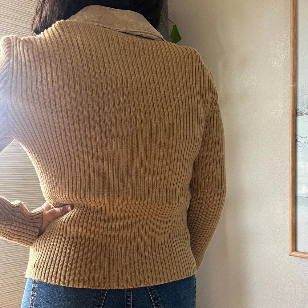 Vintage Leather Suede Knit Jacket Tan Zip Up Fitted Equestrian Minimal 90s‎
